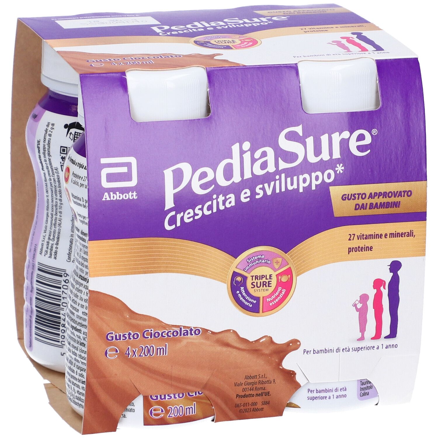 Confezione PediaSure con bottiglie. Gusto cioccolato. Contiene 27 vitamine e minerali. Per bambini da 1 anno.
