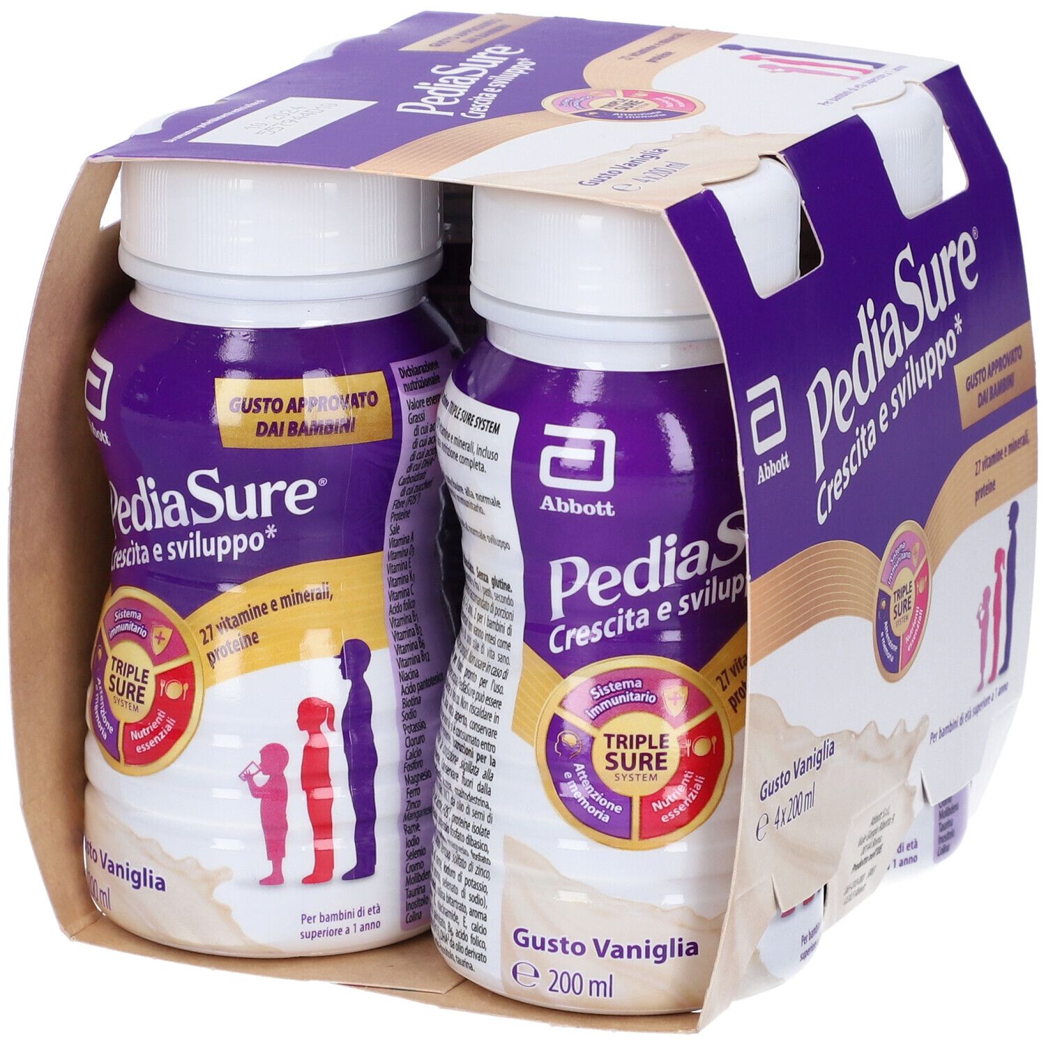 Confezione da due bottiglie Pediasure Crescita e Sviluppo, gusto vaniglia. Contiene 27 vitamine e minerali. Con Triple Sure System.