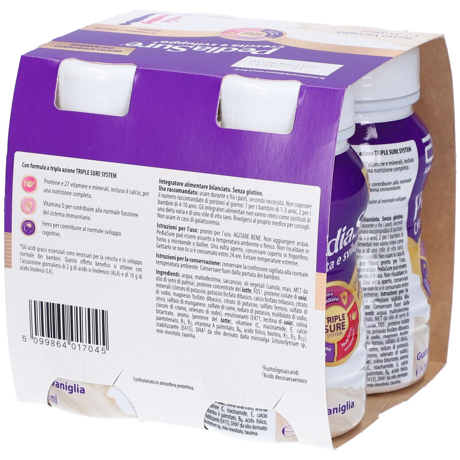 Retro della confezione di due bottiglie Pediasure Crescita e Sviluppo. Contiene informazioni sugli ingredienti e i valori nutrizionali.