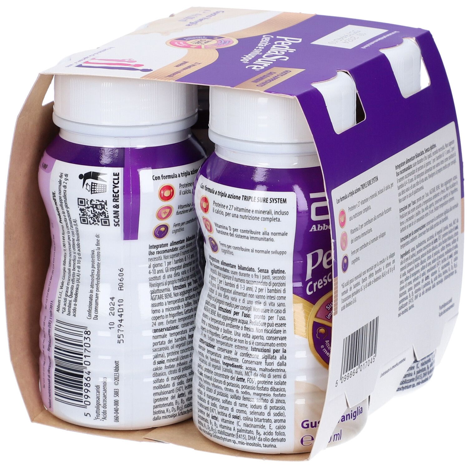 Confezione di due bottiglie Pediasure Crescita e Sviluppo. Contiene informazioni sugli ingredienti e i valori nutrizionali. Con codice QR.