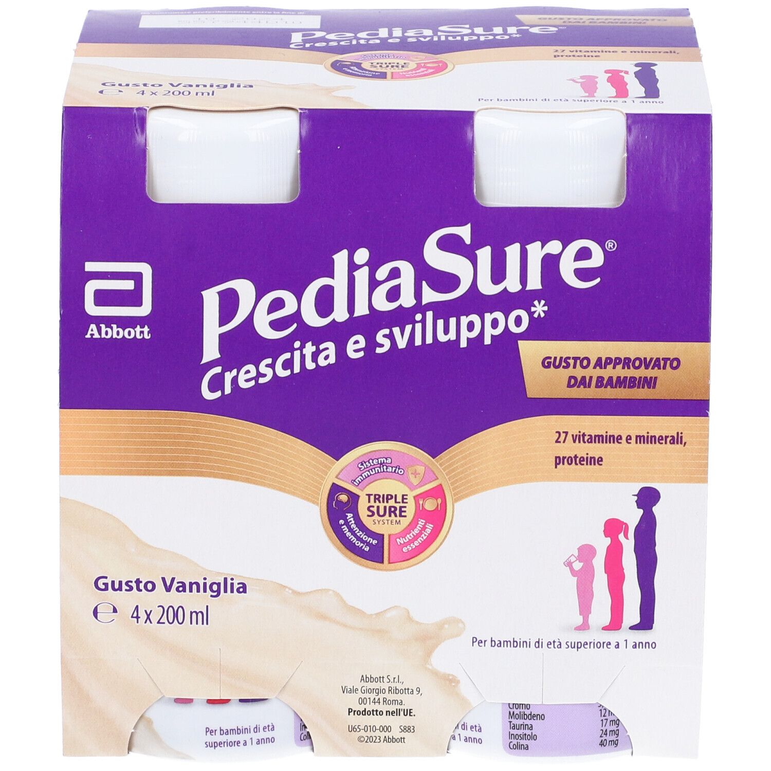 Confezione da quattro bottiglie Pediasure Crescita e Sviluppo, gusto vaniglia. Contiene 27 vitamine e minerali. Con Triple Sure System.