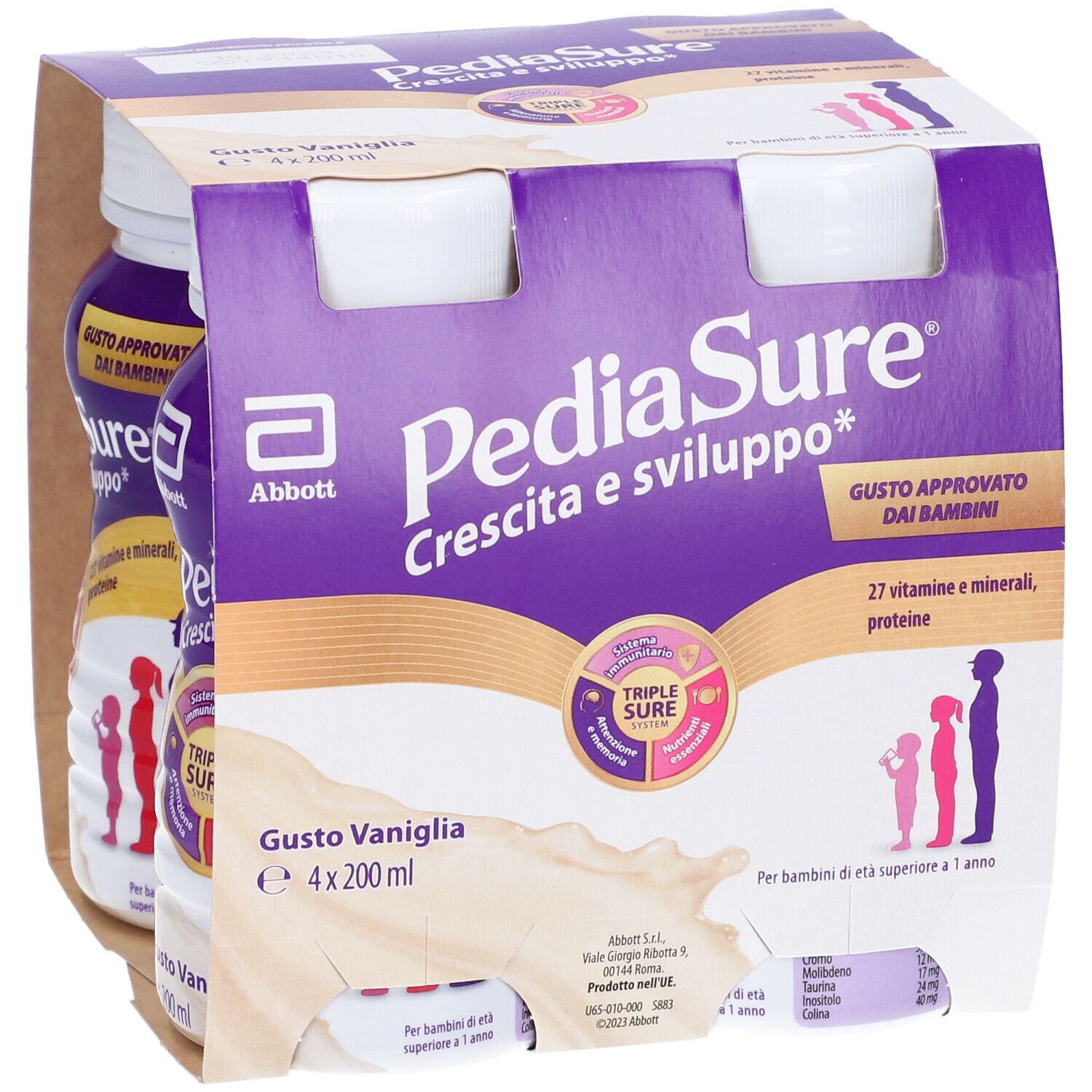 Confezione da quattro bottiglie Pediasure Crescita e Sviluppo, gusto vaniglia. Contiene 27 vitamine e minerali. Con Triple Sure System.