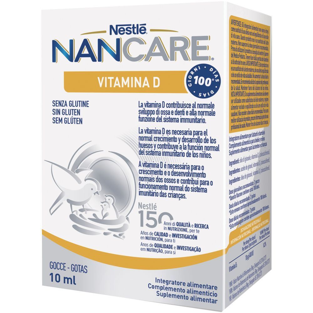 Scatola di Nancare Vitamina D Gocce. Contiene flacone di gocce, testo e logo Nestlé. Senza glutine.