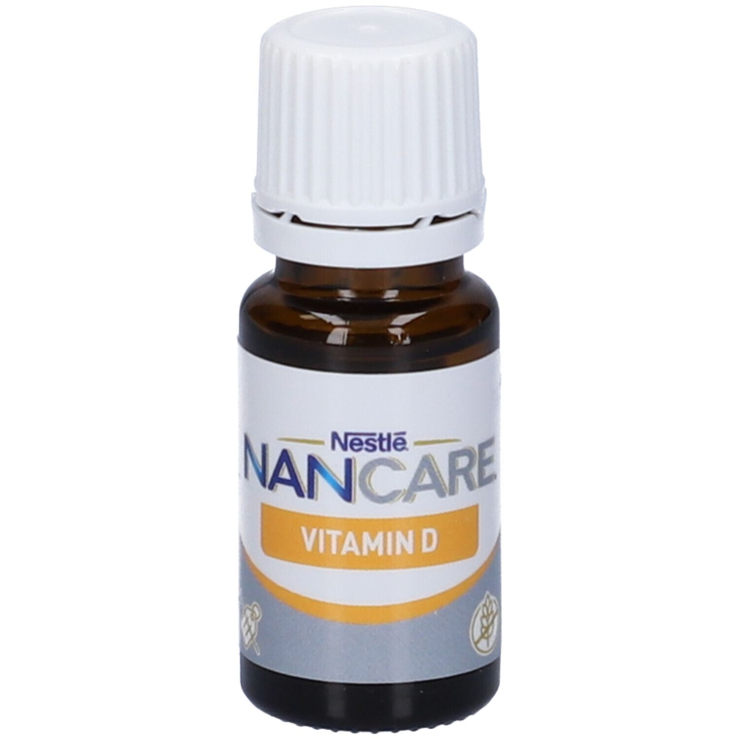 Flacone di vetro marrone con tappo bianco. Etichetta Nancare Vitamina D e logo Nestlé. Flacone contagocce.