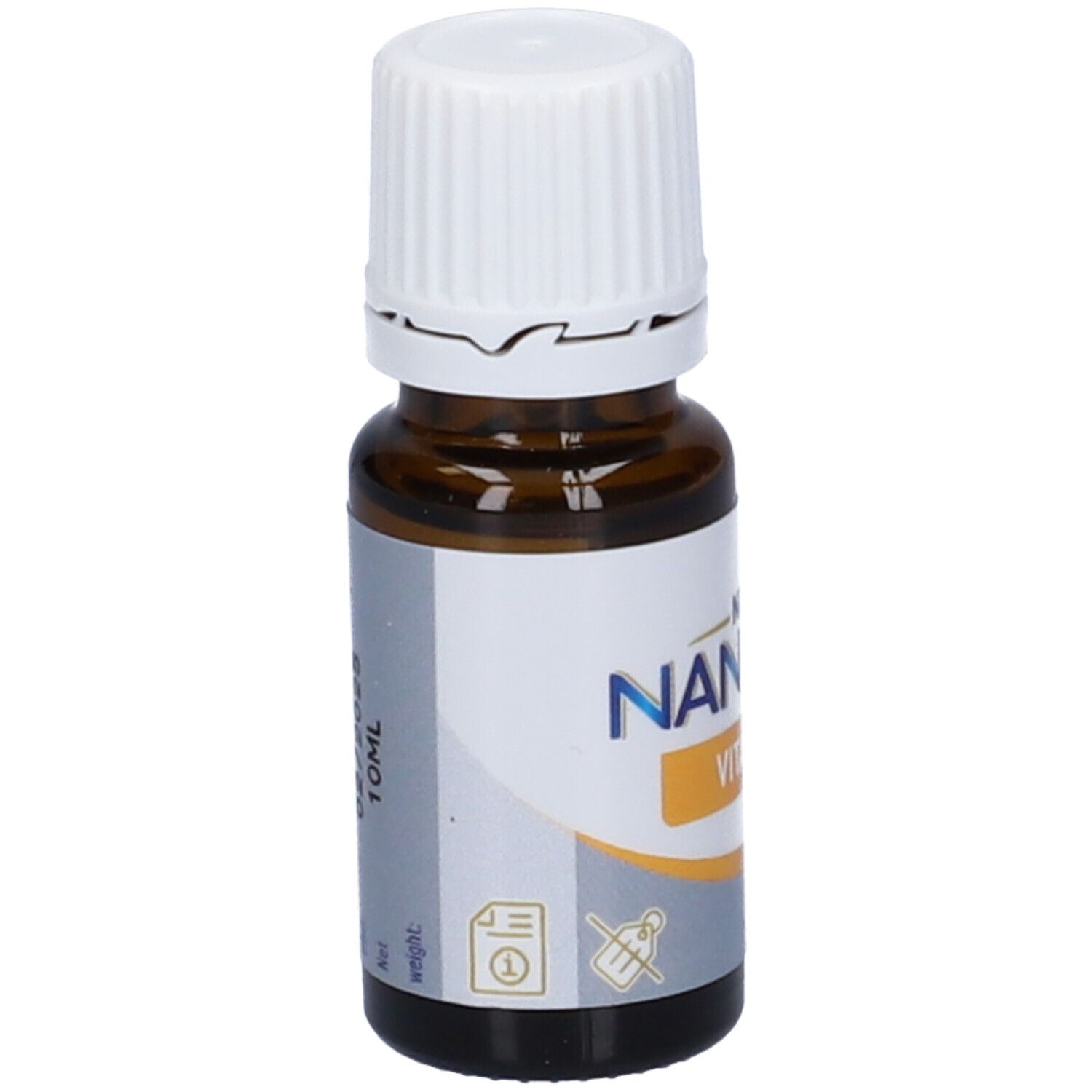 Flacone di vetro marrone con tappo bianco. Etichetta Nancare Vitamina D e logo Nestlé. 10 ml.