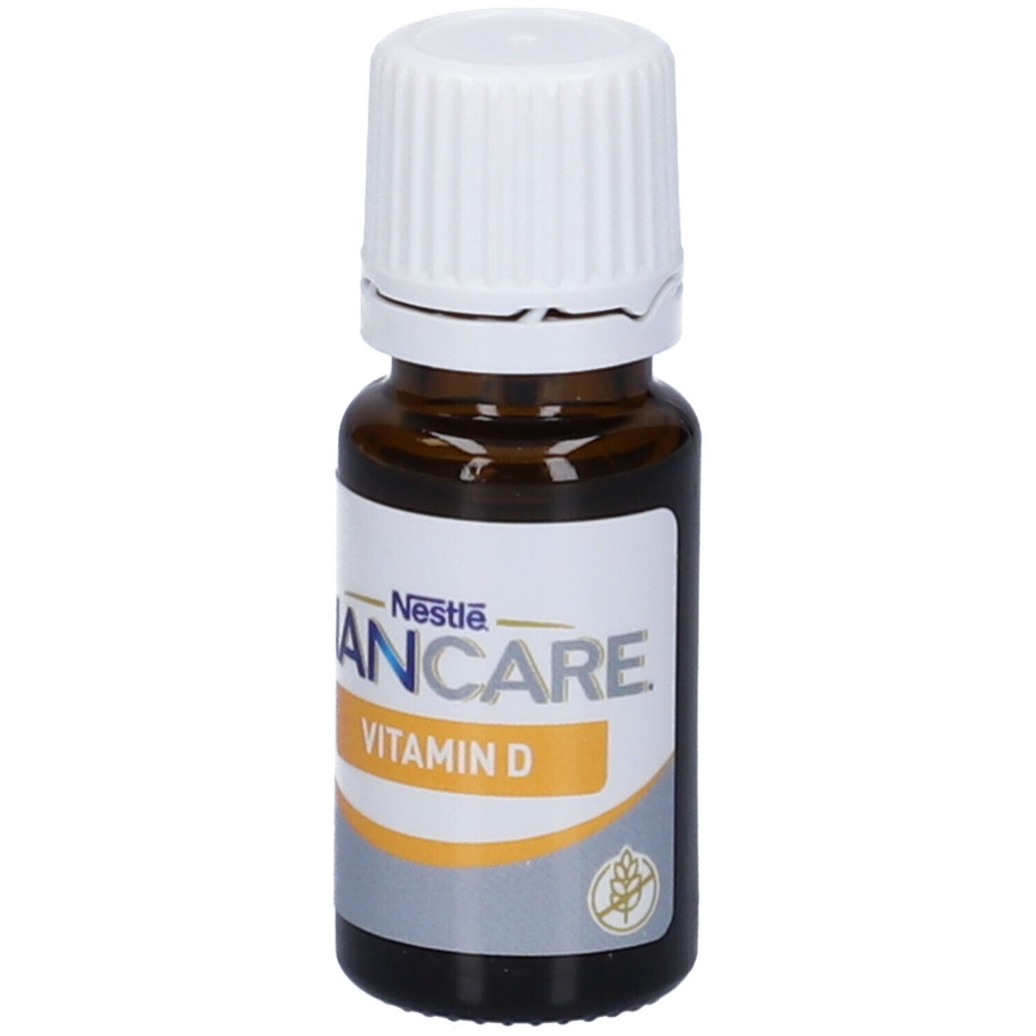 Flacone di vetro marrone con tappo bianco. Etichetta Nancare Vitamina D e logo Nestlé.