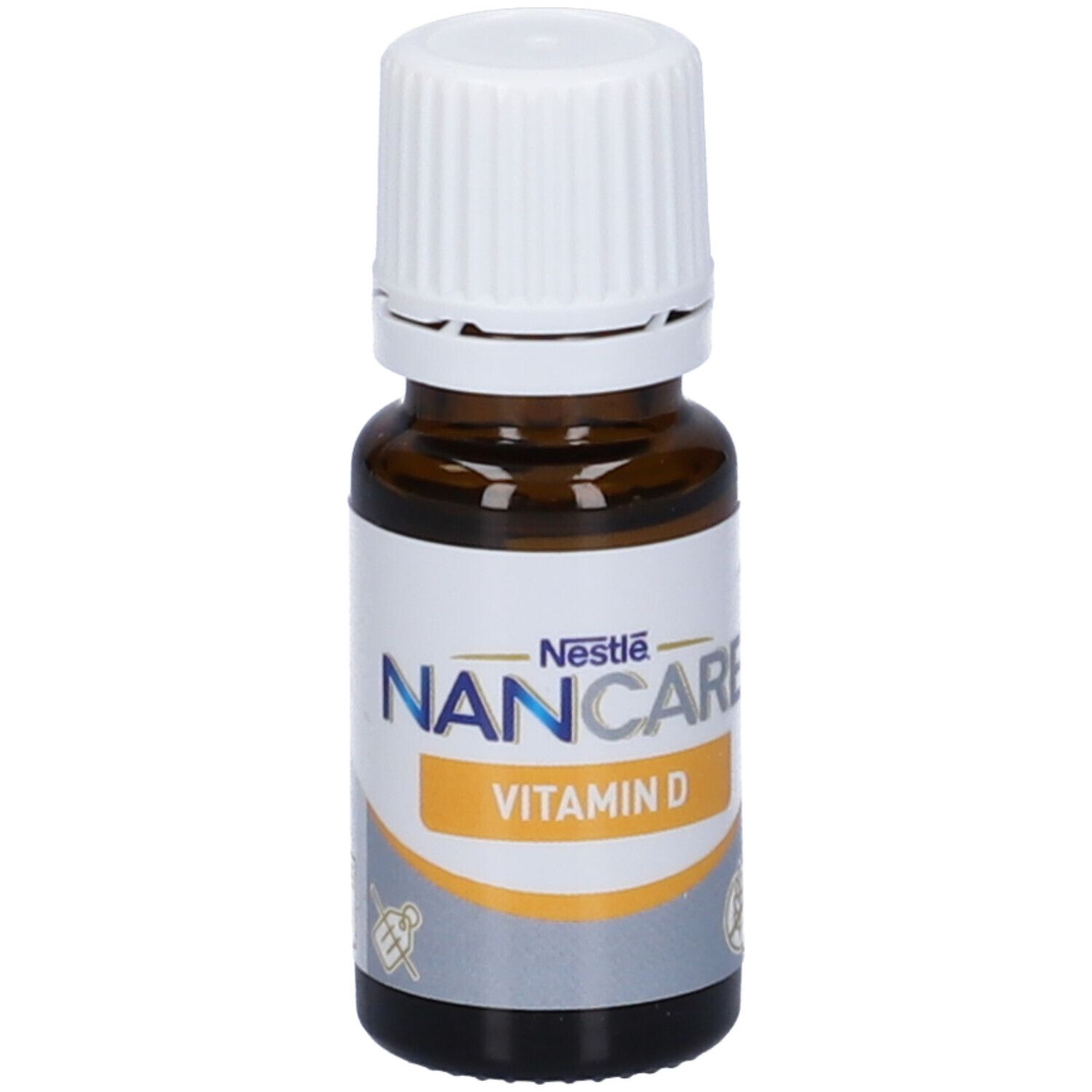 Flacone di vetro marrone con tappo bianco. Etichetta Nancare Vitamina D e logo Nestlé.