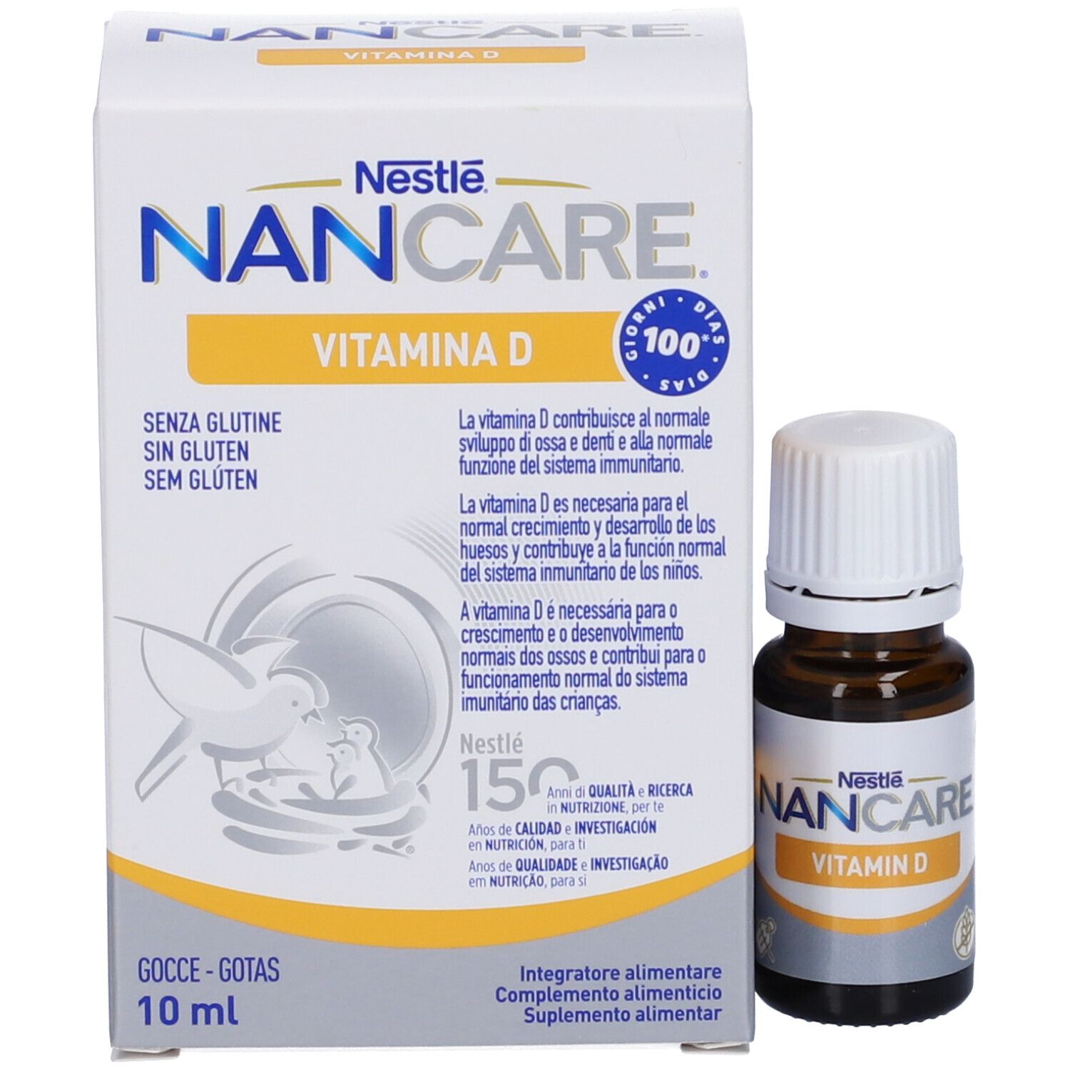 Flacone e confezione Nancare Vitamina D Gocce. Flacone marrone con tappo bianco. Logo Nestlé.