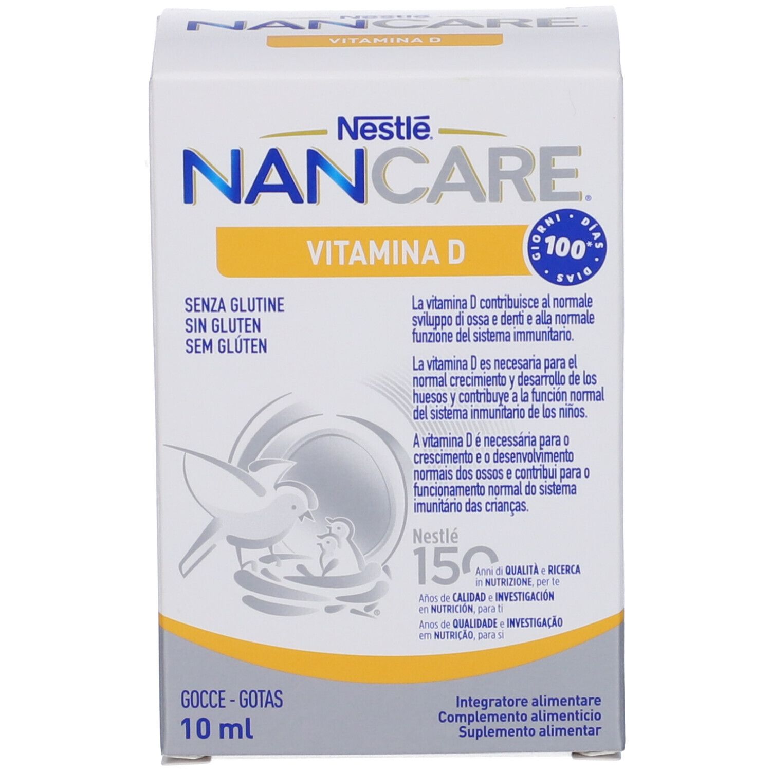Scatola di Nancare Vitamina D Gocce. Contiene testo, logo Nestlé e illustrazione. Senza glutine.