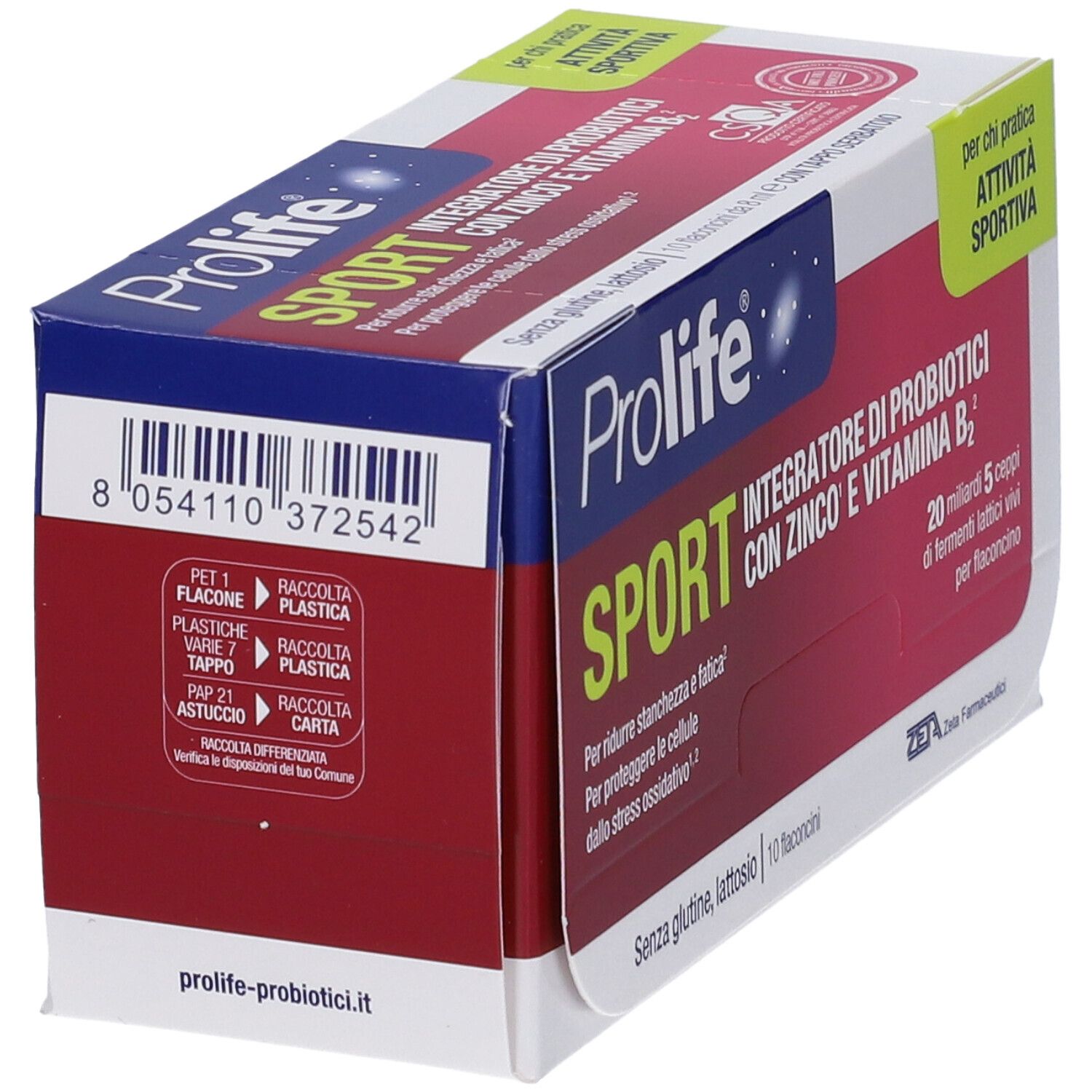 Scatola Prolife Sport Flaconcini, vista angolare. Codice a barre e info imballaggio. Scatola rossa e bianca.