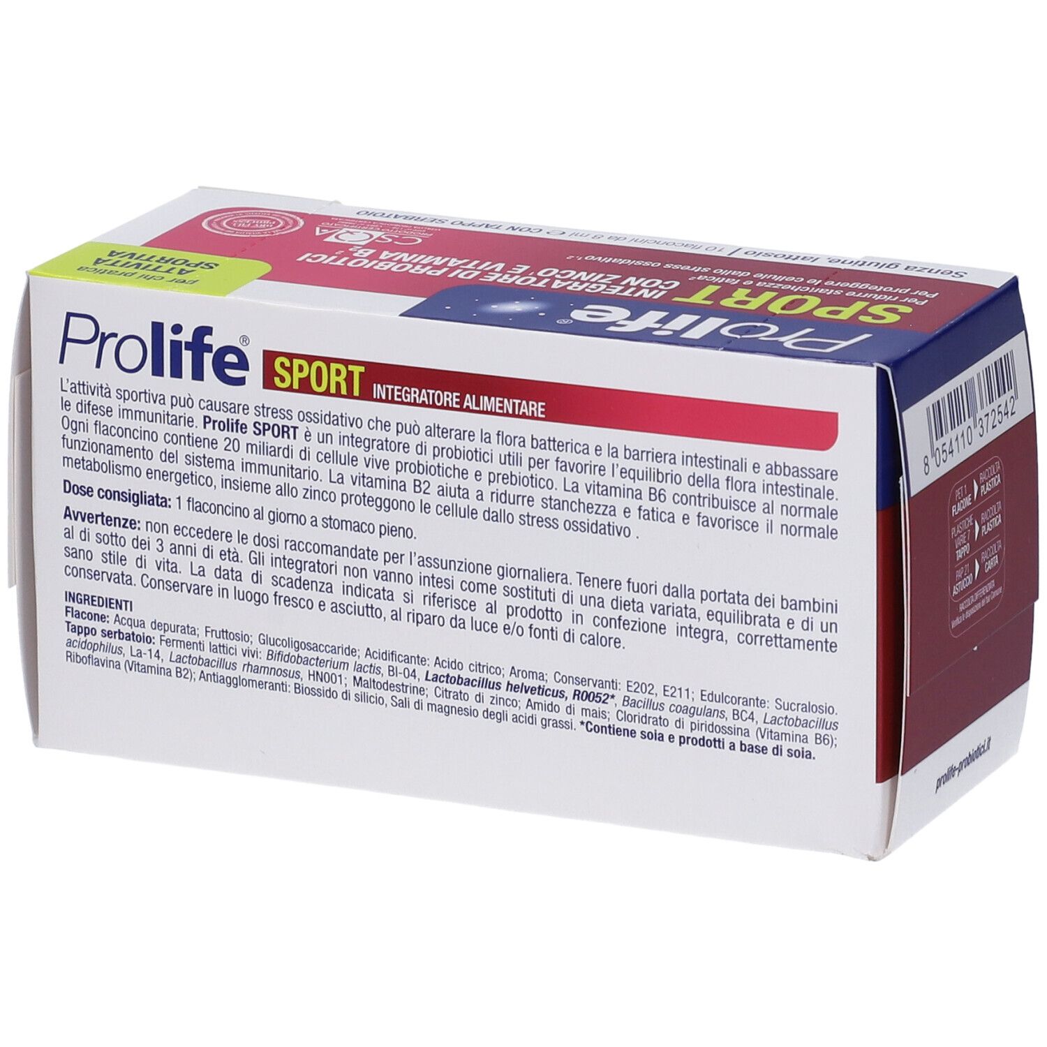 Scatola Prolife Sport Flaconcini. Retro con ingredienti e avvertenze. Scatola bianca con fascia rossa.