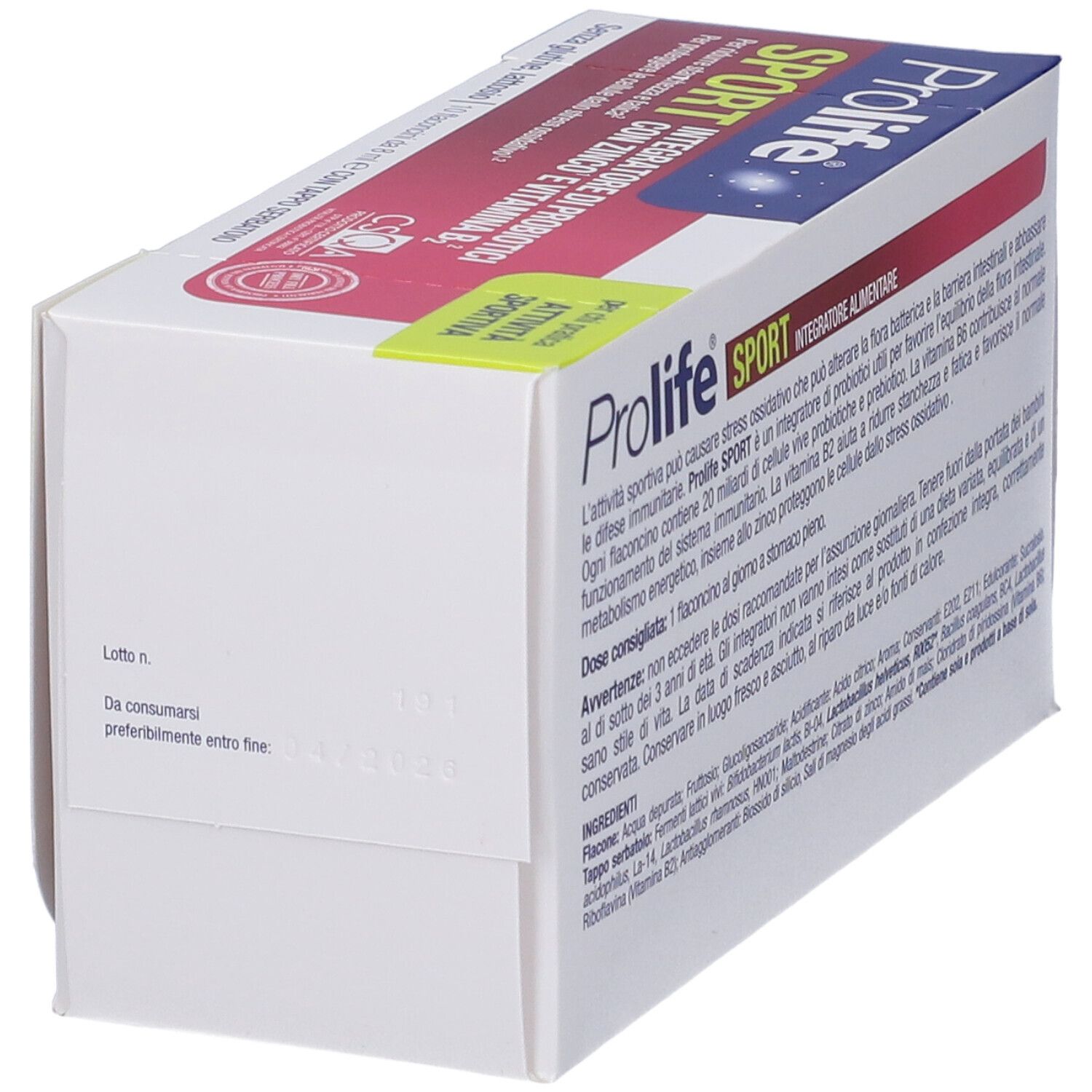 Scatola Prolife Sport Flaconcini. Vista laterale con data di scadenza. Scatola bianca con fascia rossa.