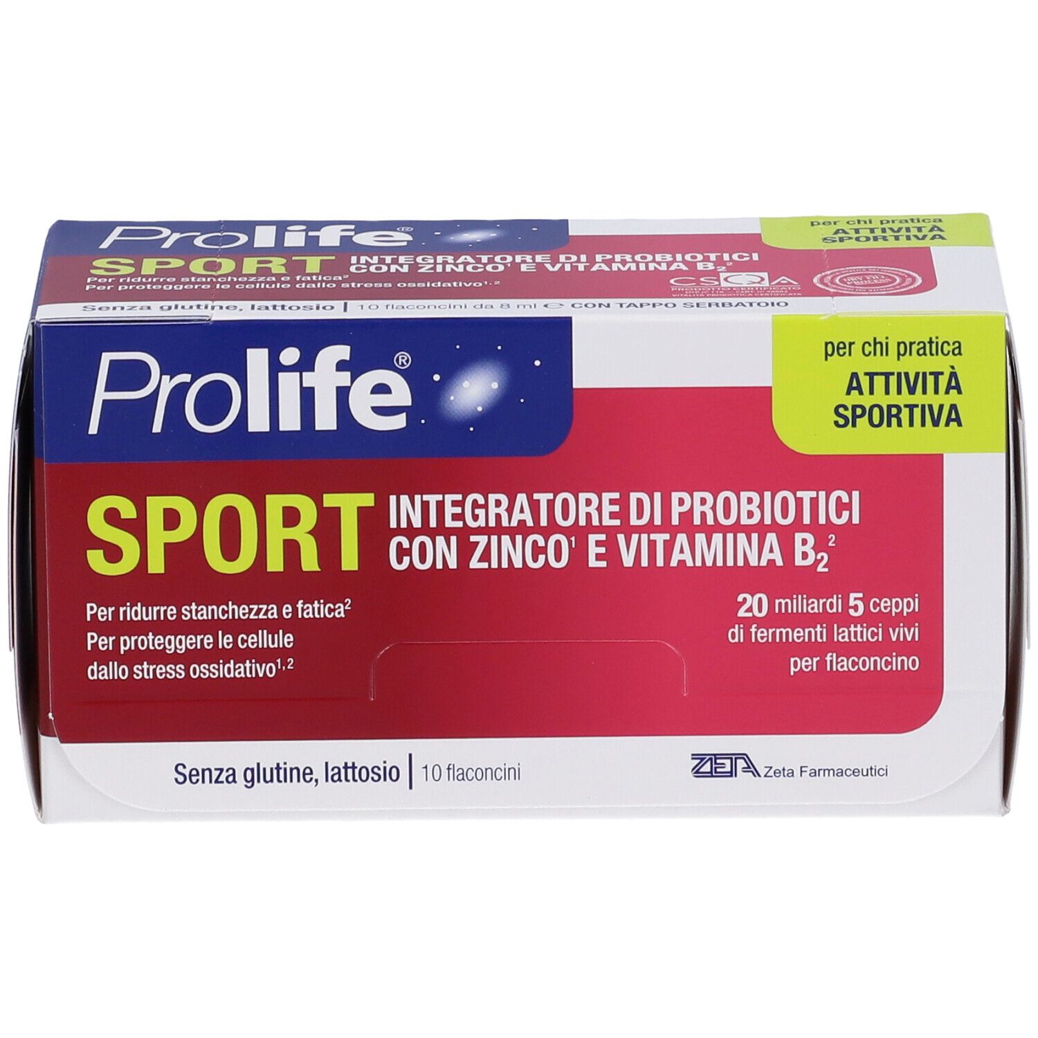 Scatola Prolife Sport Flaconcini. Rossa e bianca, con nome e dettagli. Contiene 10 flaconcini.