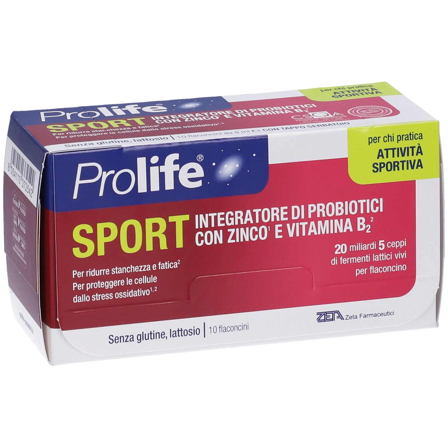 Scatola Prolife Sport Flaconcini. Rossa e bianca, con nome e dettagli. Contiene 10 flaconcini.