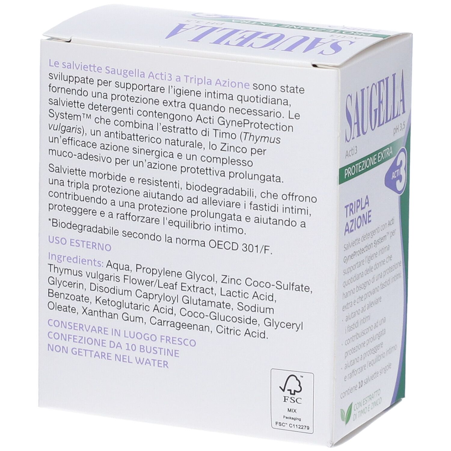 Verpackung für Saugella Acti3 Triple Action Feuchttücher mit Inhaltsstoffen und Anwendungshinweisen.