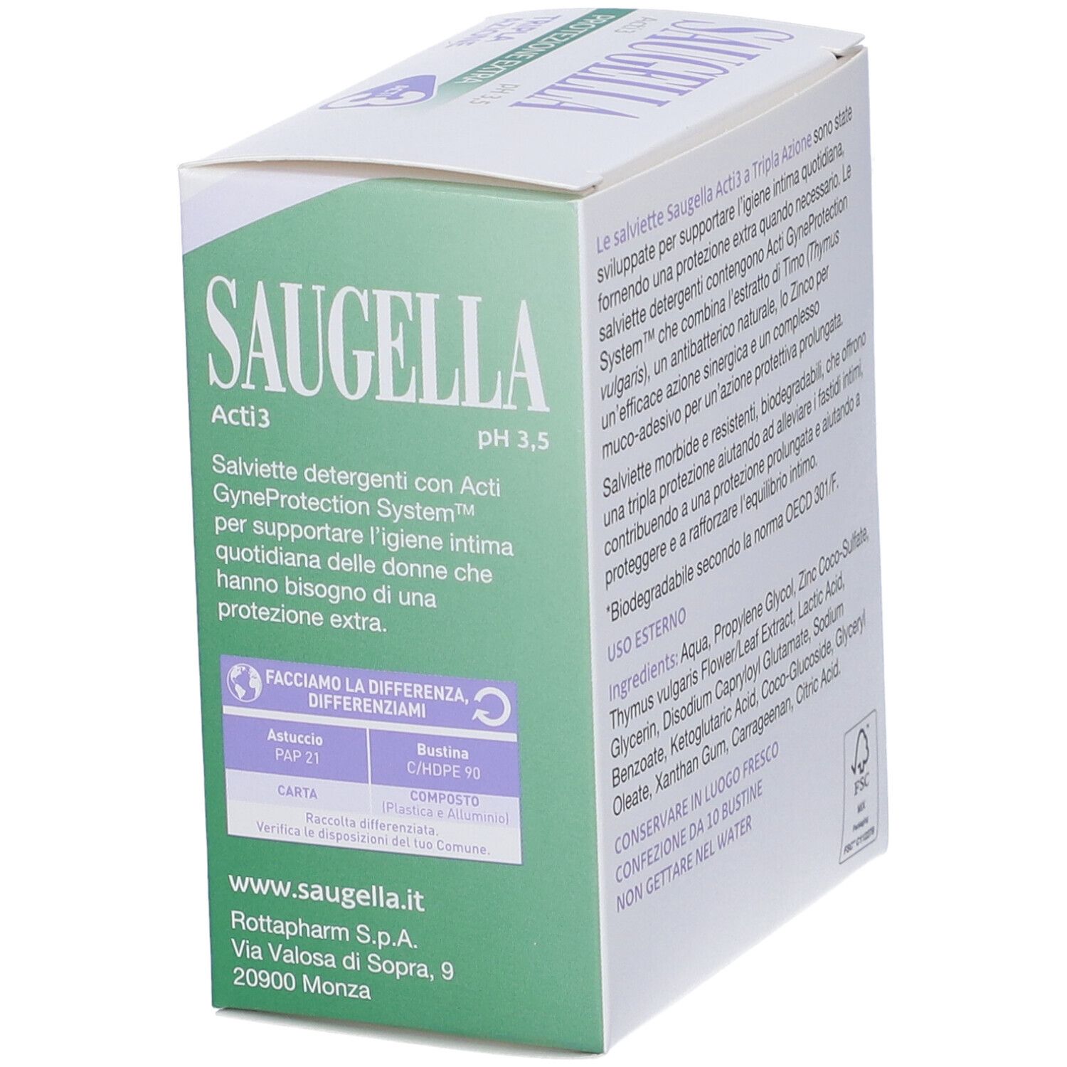 SAUGELLA Acti 3 pH 3,5 Reinigungstücher für die Intimpflege.