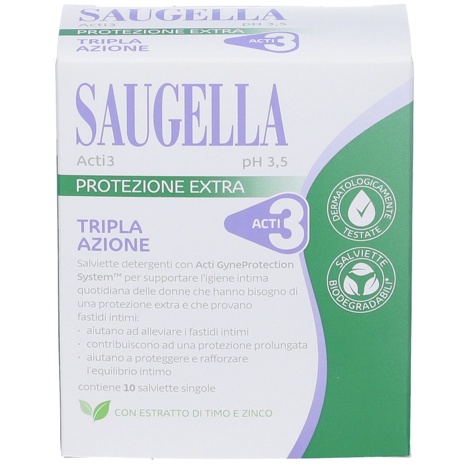 SAUGELLA Acti3: Packung mit 10 Reinigungstüchern für Intimpflege, pH 3,5, mit Thymian- und Zinkextrakt.