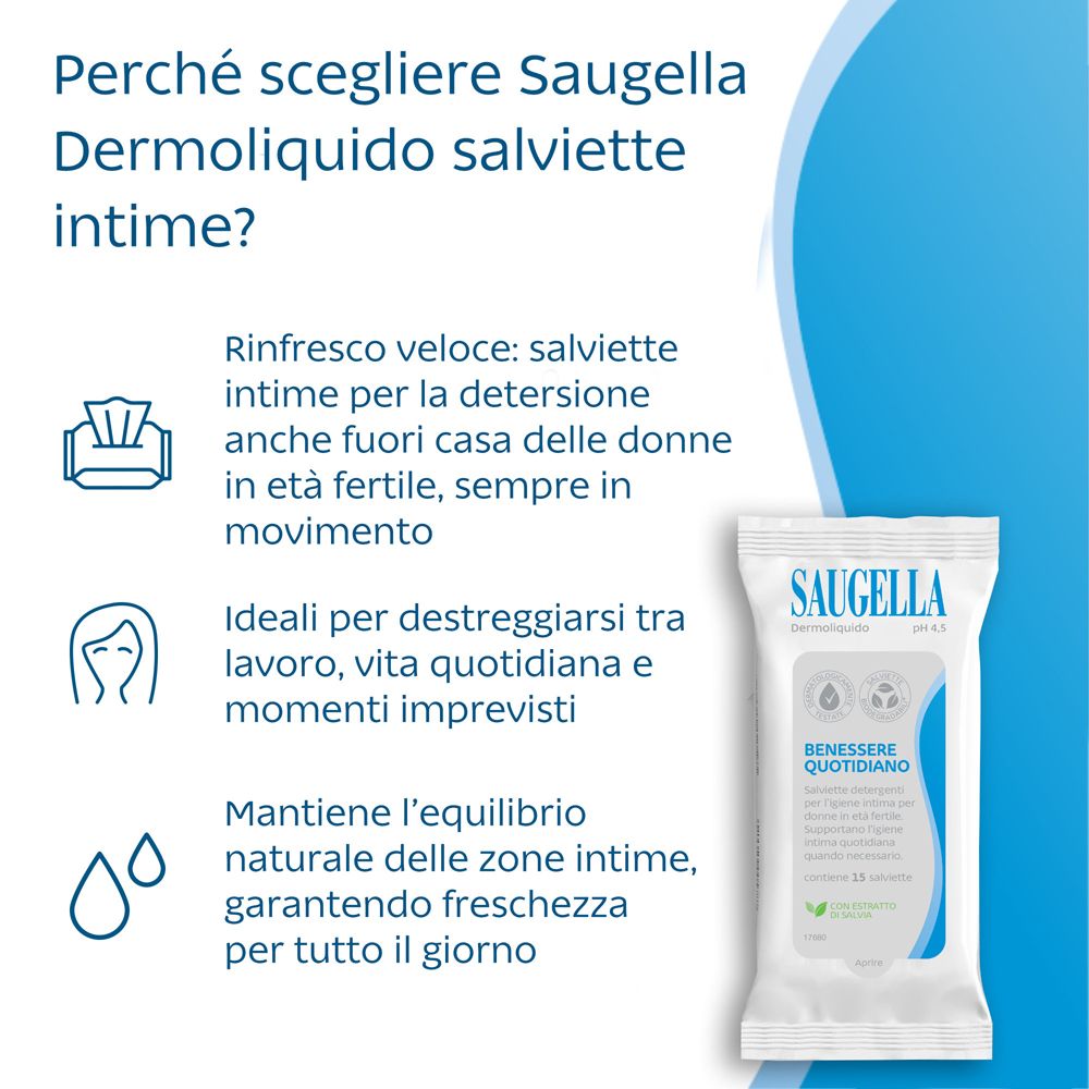 Saugella Dermoliqido Intim-Feuchttücher-Packung mit Logo und Produktinformationen.