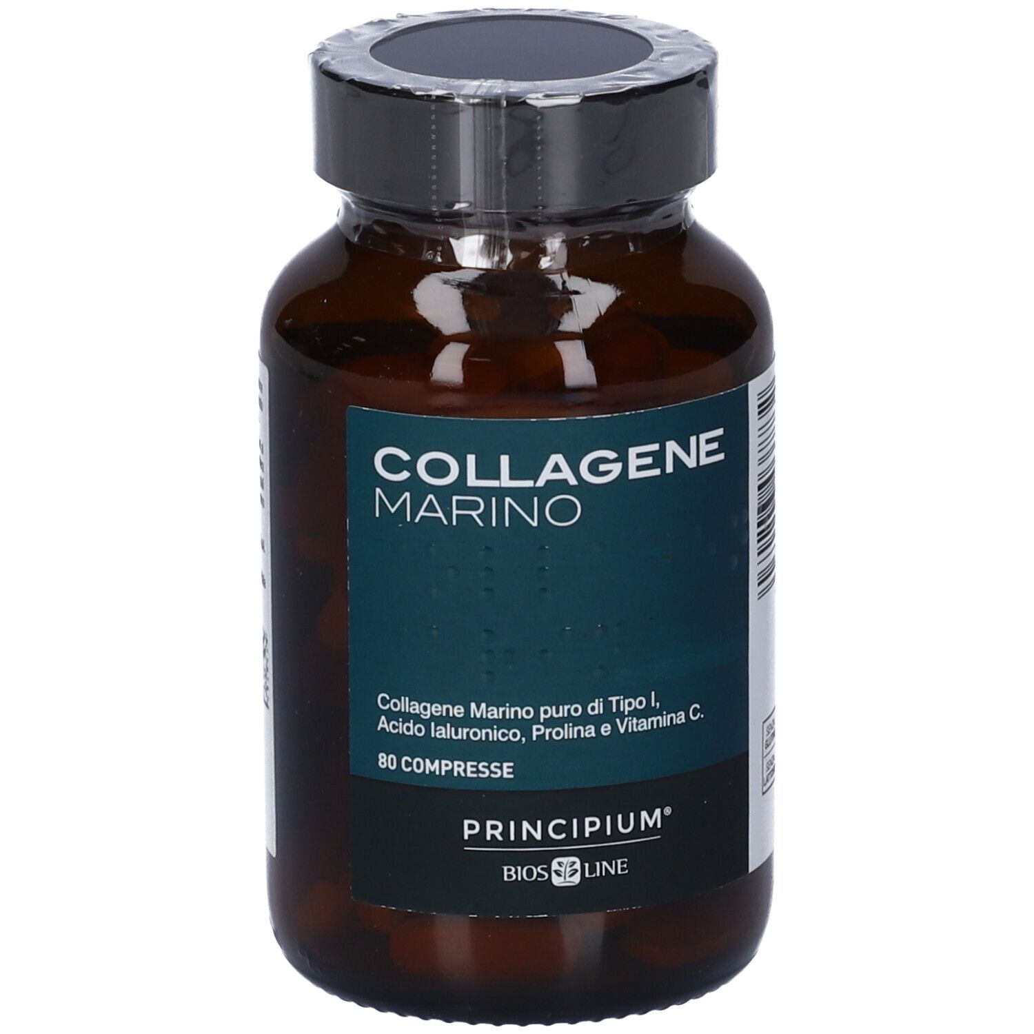 Braune Glasflasche mit schwarzem Deckel. Aufschrift: COLLAGENE MARINO. Enthält 80 Tabletten. Marke: Principium Bios Line.