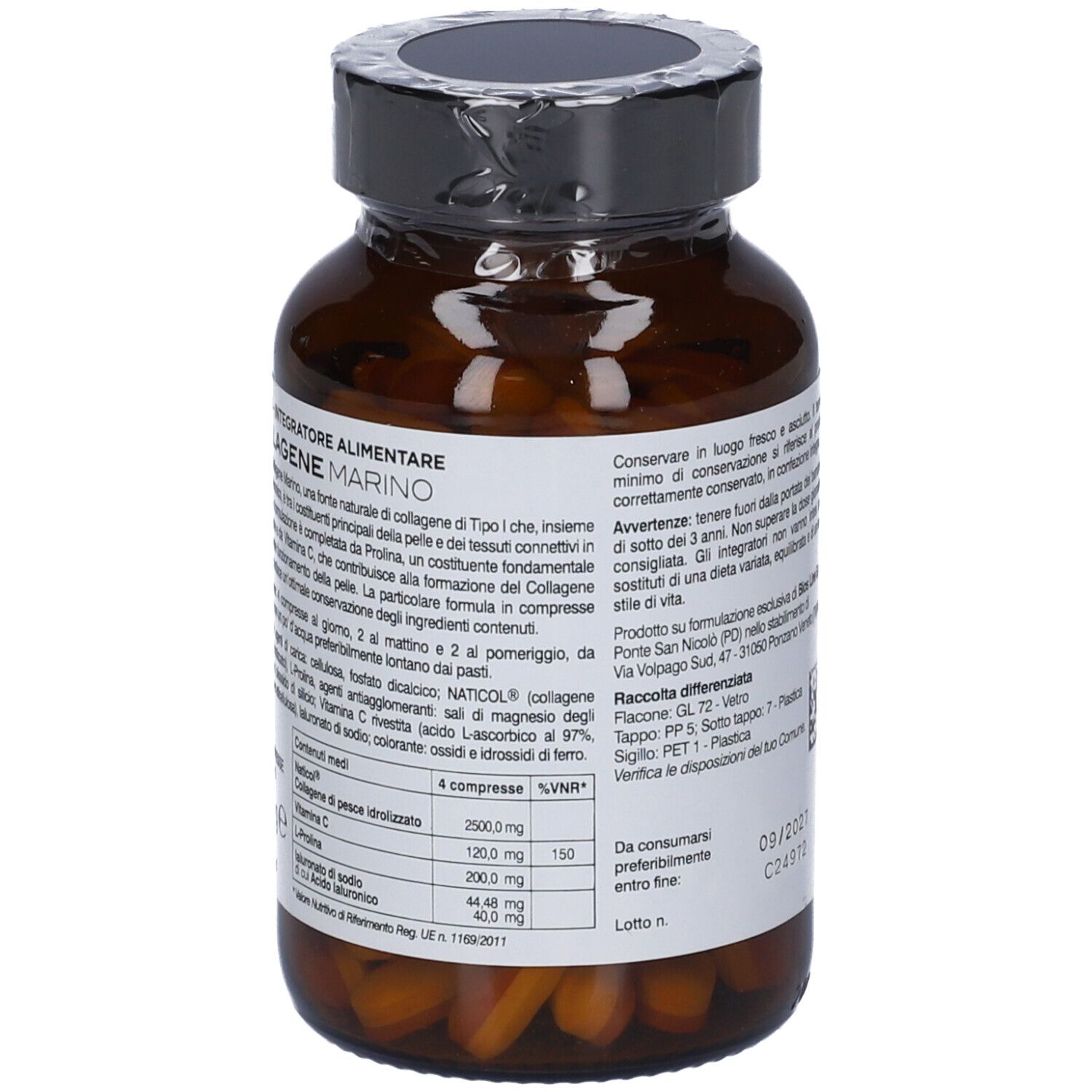 Braune Glasflasche mit Inhaltsangaben. Enthält 80 Tabletten. Auflistung der Inhaltsstoffe und Nährwerte.