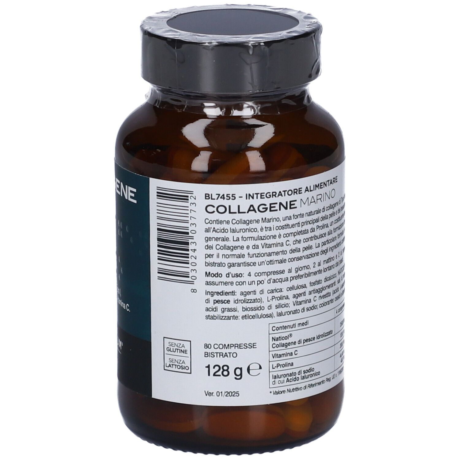 Braune Glasflasche mit schwarzem Deckel. Aufschrift: COLLAGENE MARINO. Enthält 80 Tabletten. Glutenfrei. 128g.
