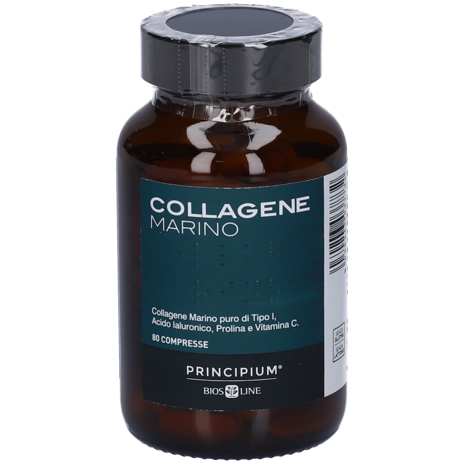 Braune Glasflasche mit schwarzen Deckel. Aufschrift: COLLAGENE MARINO. Enthält 80 Tabletten. Marke: Principium Bios Line.