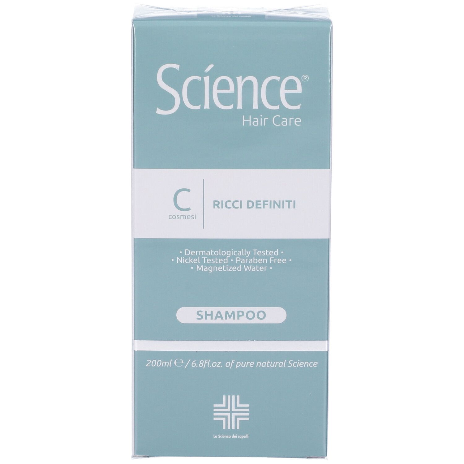 Confezione del prodotto. Scatola verde e bianca con immagine di shampoo. Scritta: Science Hair Care, Ricci Definiti, Shampoo. Dermatologicamente testato.