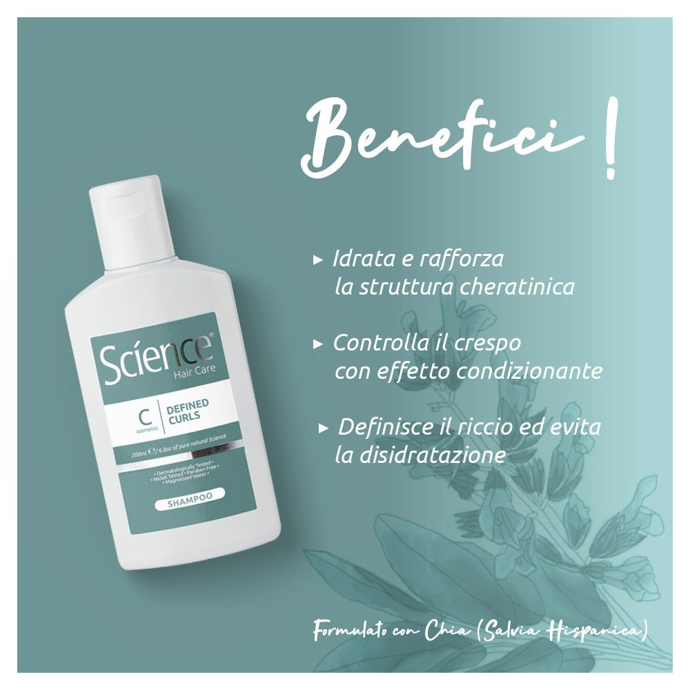 Immagine del prodotto con testo. Flacone di shampoo, testo: Benefici, Idratata e rafforza, Controlla il crespo, Definisce il riccio. Formulato con Chia.