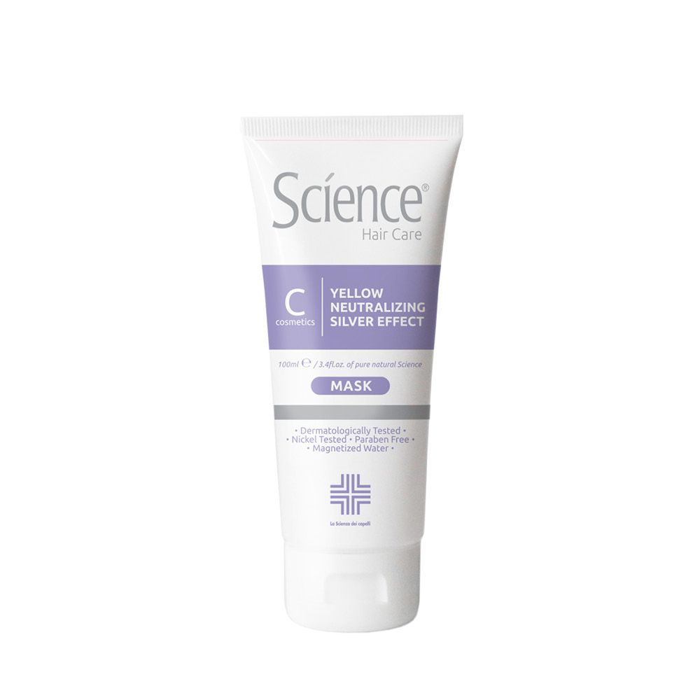 Tubo bianco e viola con nome e testo del prodotto. Scritta: Yellow Neutralizing Silver Effect Mask.