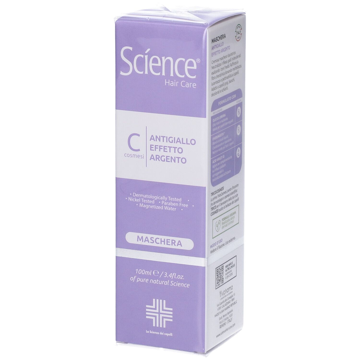 Confezione del prodotto viola con nome e testo del prodotto. Scritta: Antigiallo Effetto Argento Maschera.