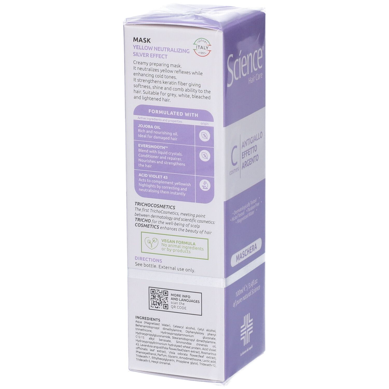 Confezione del prodotto viola con nome e testo del prodotto. Scritta: Antigiallo Effetto Argento Maschera. Retro con testo.