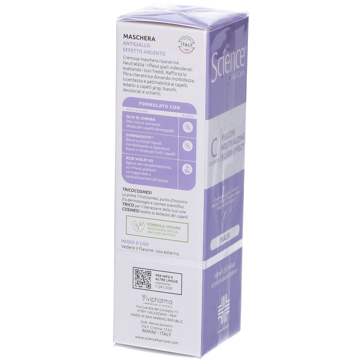 Confezione del prodotto viola con nome e testo del prodotto. Scritta: Antigiallo Effetto Argento Maschera. Retro con testo.