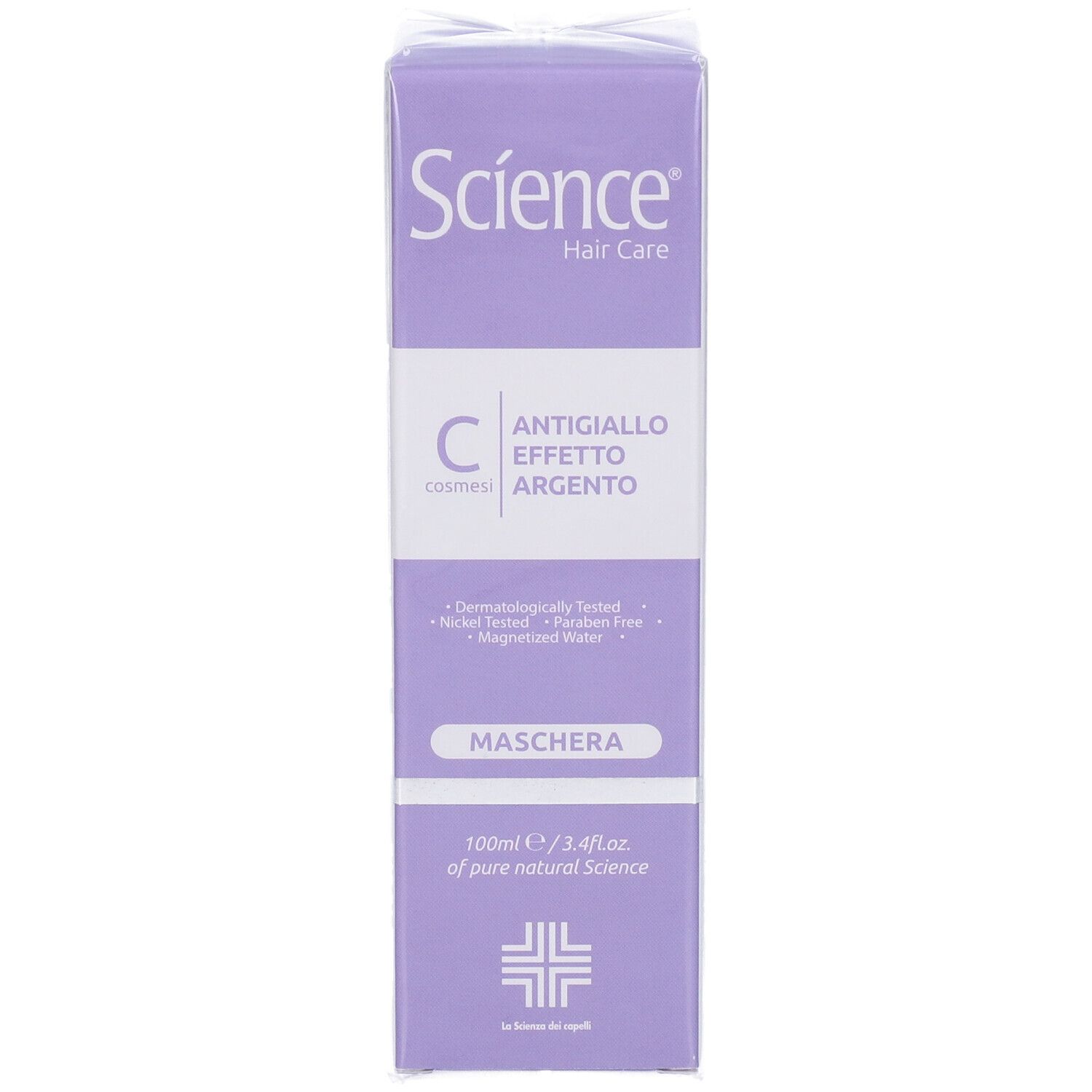 Confezione del prodotto viola con nome e testo del prodotto. Scritta: Antigiallo Effetto Argento Maschera.