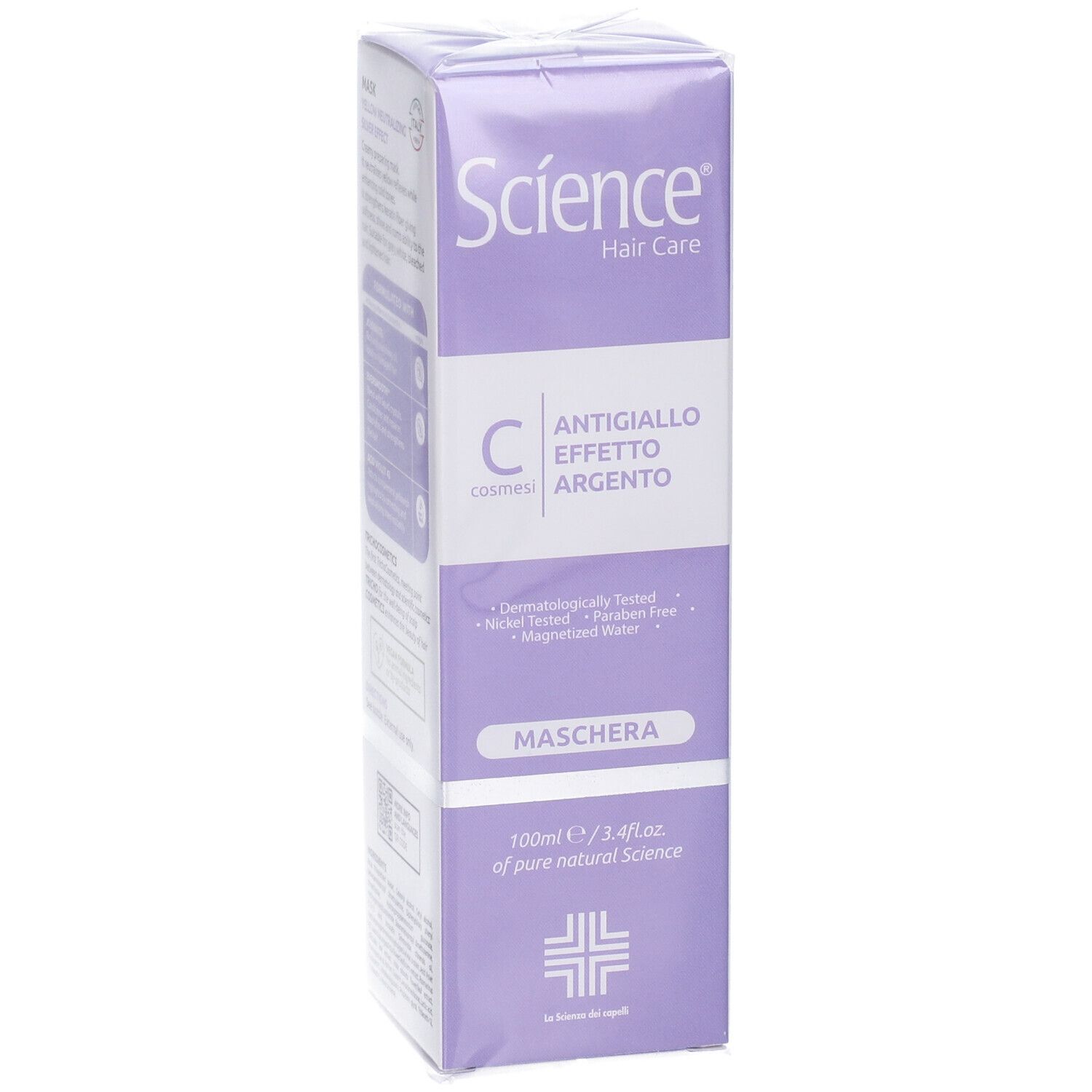 Confezione del prodotto viola con nome e testo del prodotto. Scritta: Antigiallo Effetto Argento Maschera.