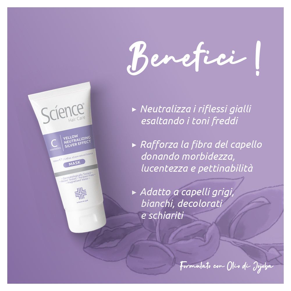 Sfondo viola con tubo del prodotto e testo. Benefici: Neutralizza i riflessi gialli, rinforza i capelli, adatto ai capelli grigi.
