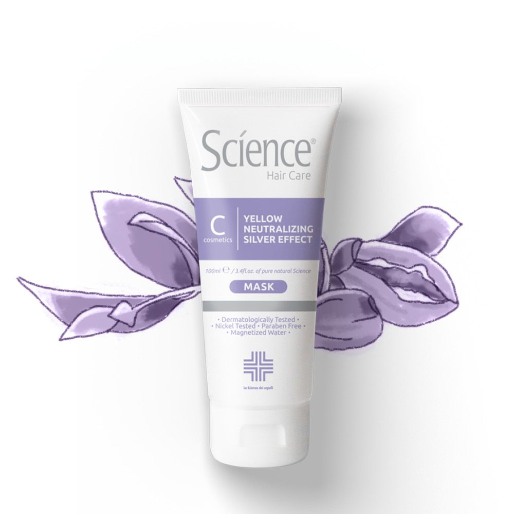 Tubo bianco e viola con nome e testo del prodotto, circondato da fiori viola. Scritta: Yellow Neutralizing Silver Effect Mask.