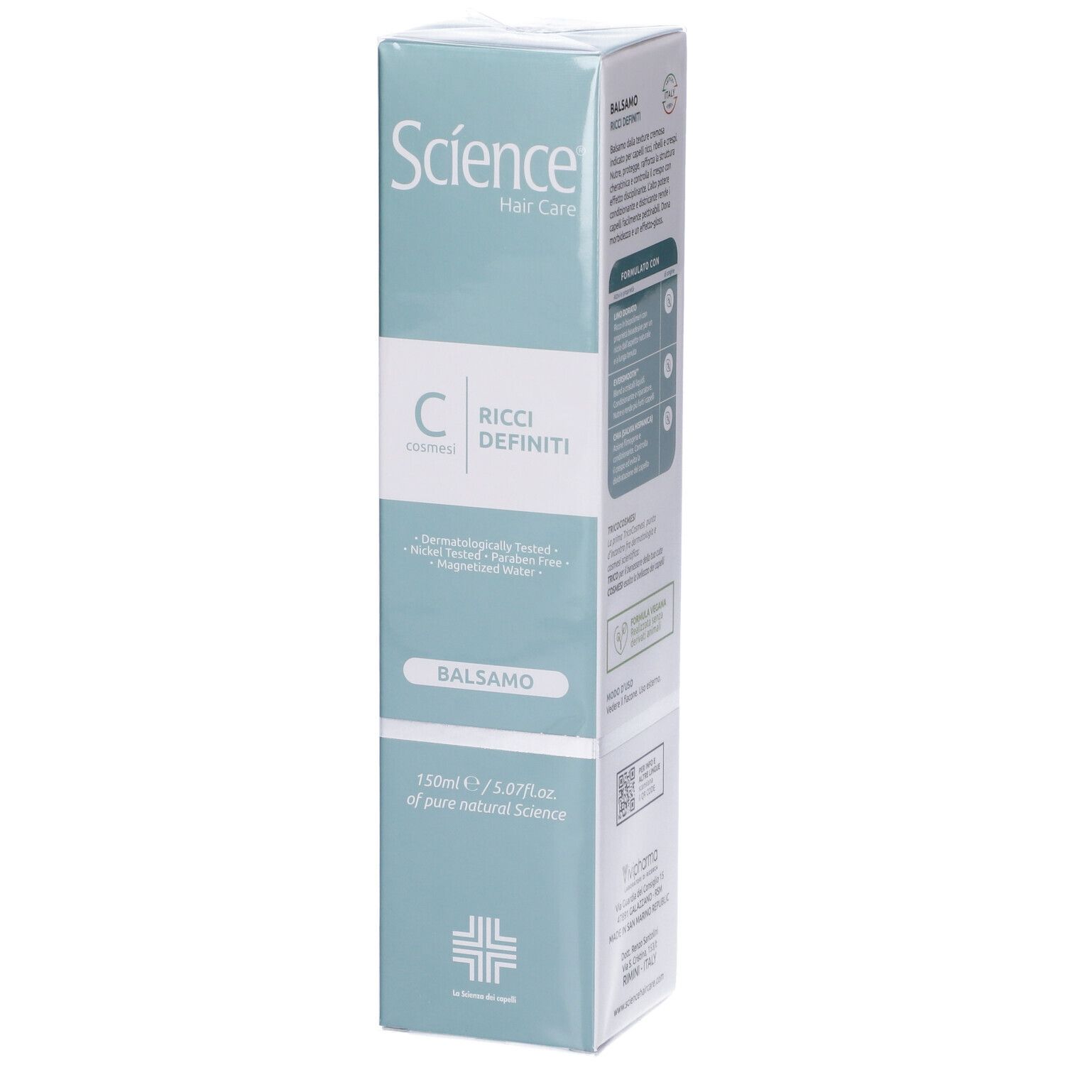 Confezione del prodotto: Scatola bianca con « Science Hair Care » e « Ricci Definiti ». « Balsamo » sotto.