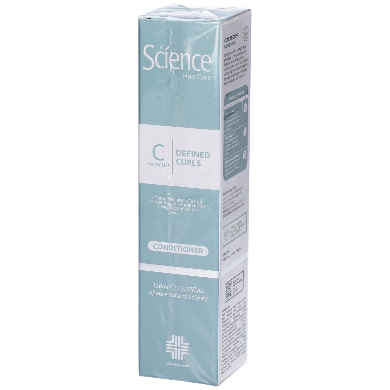Confezione del prodotto: Scatola bianca con « Science Hair Care » e « Defined Curls ». « Conditioner » sotto.