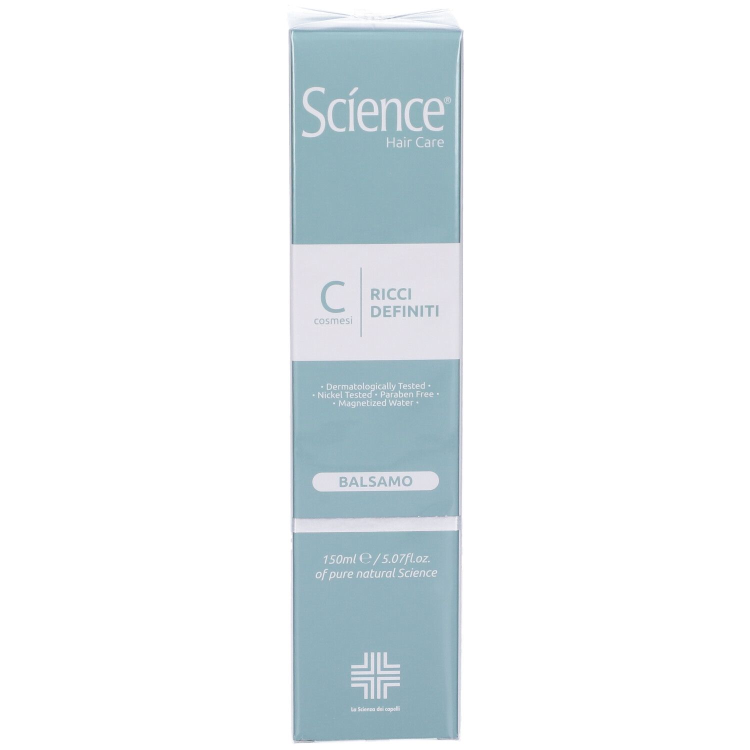 Confezione del prodotto: Scatola bianca con « Science Hair Care » e « Ricci Definiti ». « Balsamo » sotto.