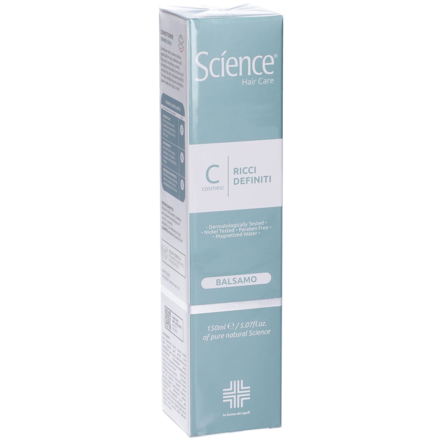 Confezione del prodotto: Scatola bianca con « Science Hair Care » e « Ricci Definiti ». « Balsamo » sotto.
