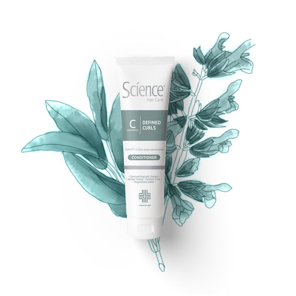 Sfondo bianco con tubo del prodotto e disegno di foglie. Testo: Conditioner.