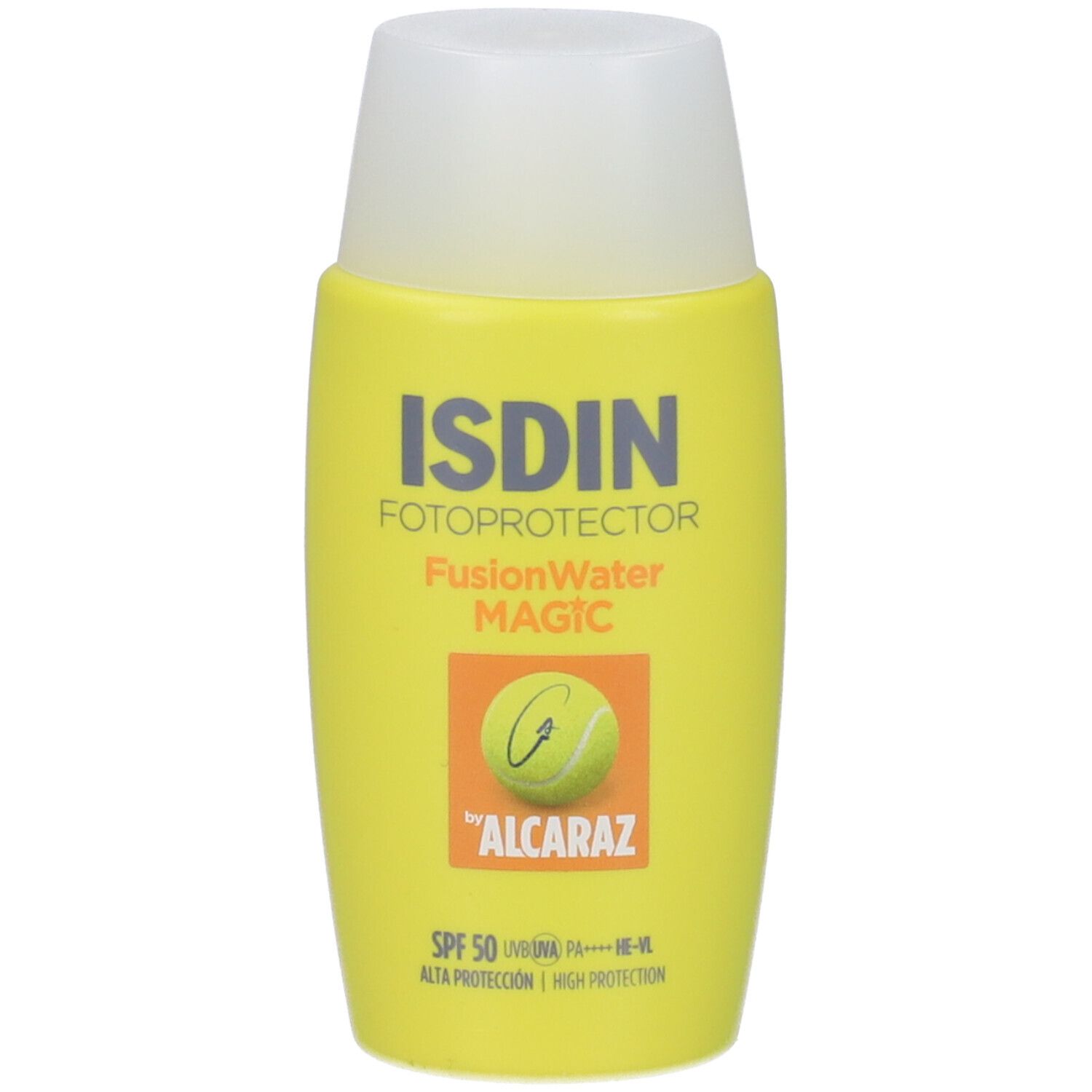 Flacone giallo con tappo bianco. Scritte: ISDIN, FusionWater MAGIC, SPF 50. Logo pallina da tennis.
