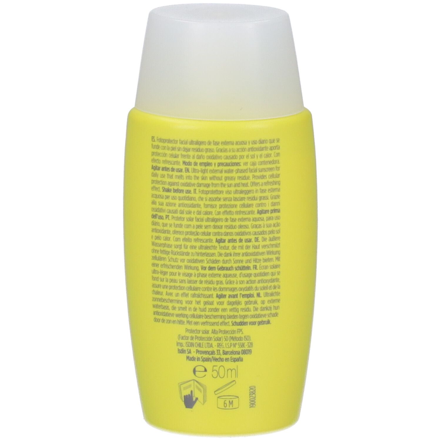 Retro di un flacone giallo con tappo bianco. Testo multilingue. Indicazione 50ml. Simboli mano e sole.