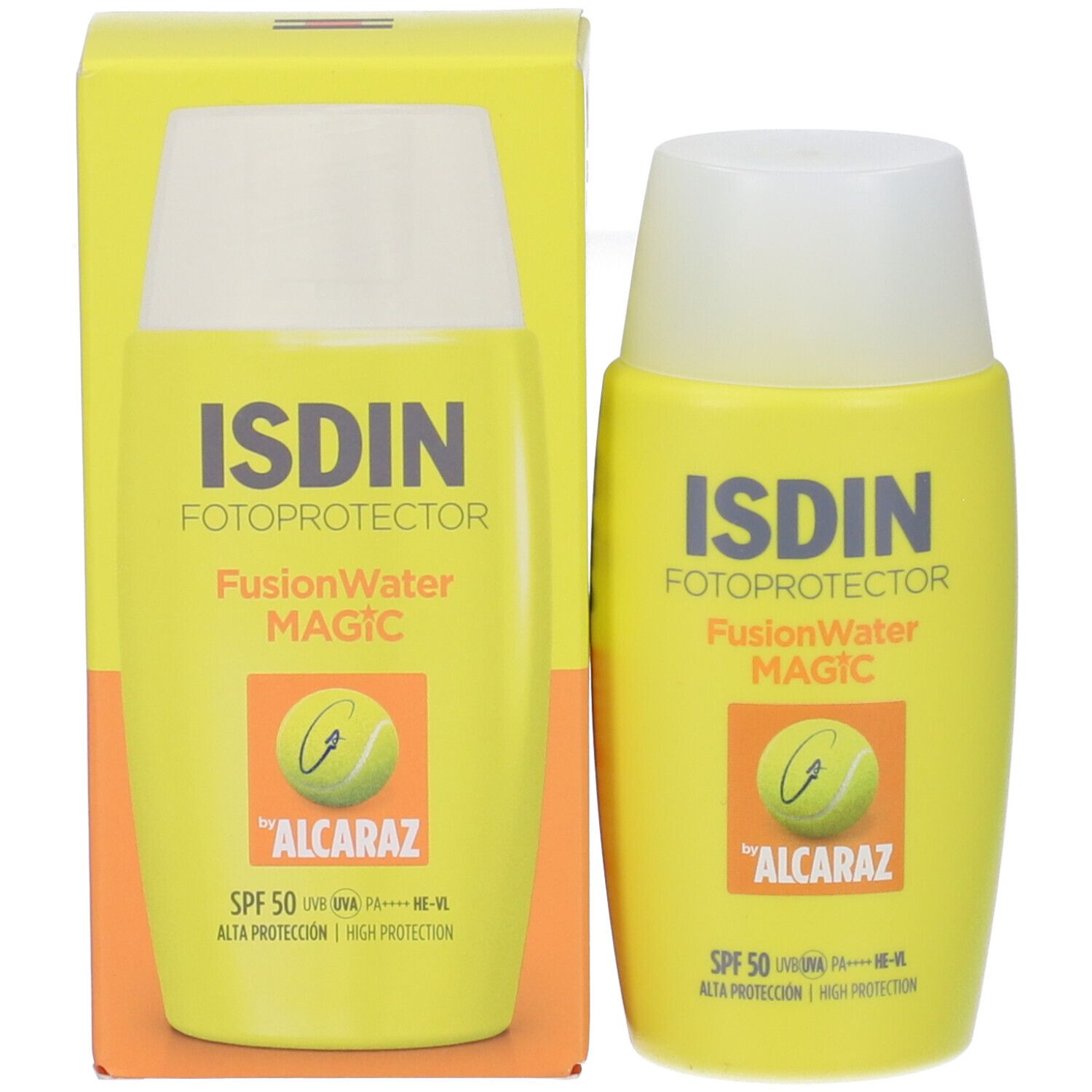 Flacone giallo con tappo bianco. Scritte: ISDIN, FusionWater MAGIC, SPF 50. Logo pallina da tennis. Con confezione.