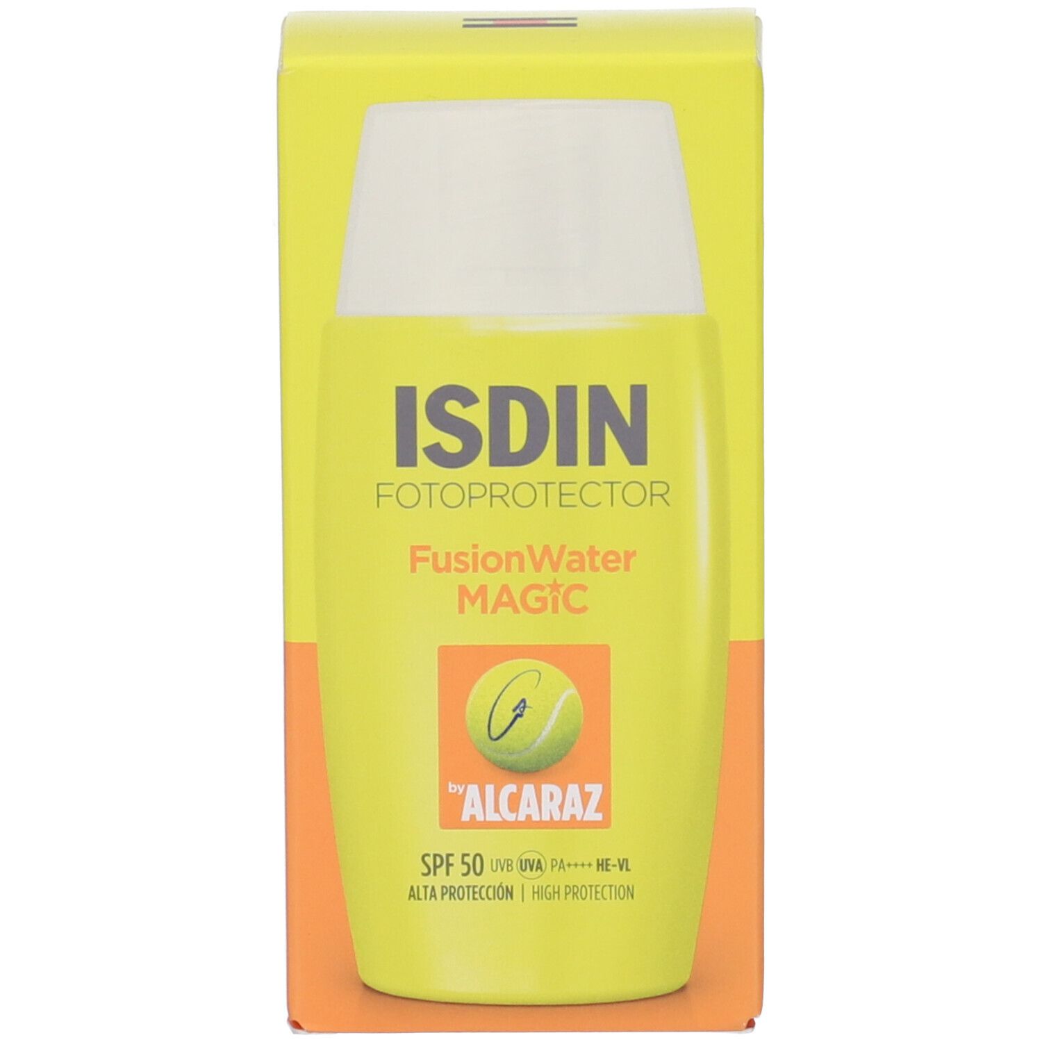 Flacone giallo con tappo bianco. Scritte: ISDIN, FusionWater MAGIC, SPF 50. Logo pallina da tennis. Con confezione.