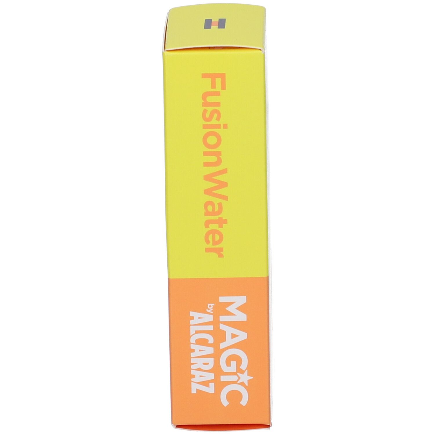 Confezione in cartone, gialla e arancione. Scritta: FusionWater MAGIC. Logo. Vista laterale.