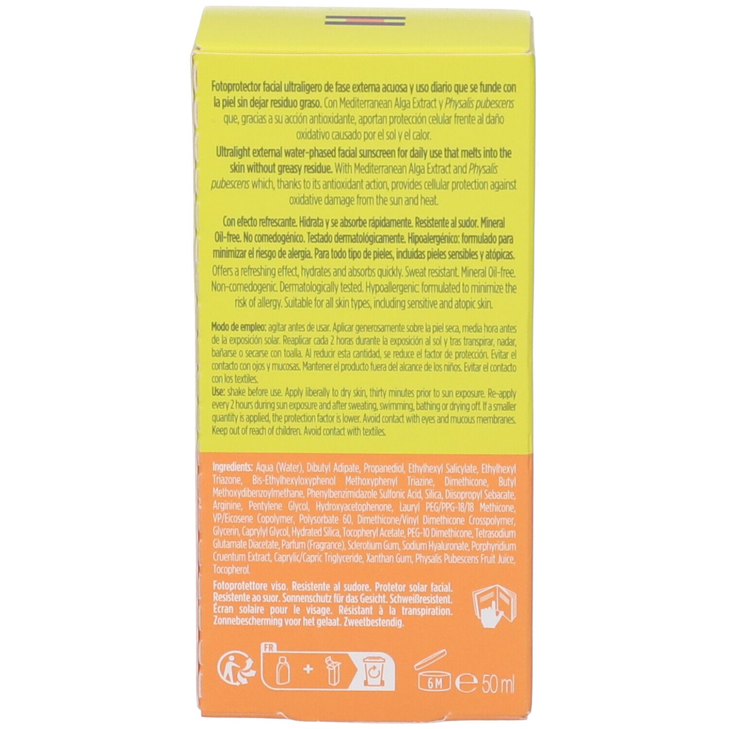 Retro della confezione in cartone. Testo multilingue. Ingredienti. Indicazione 50ml. Simboli.
