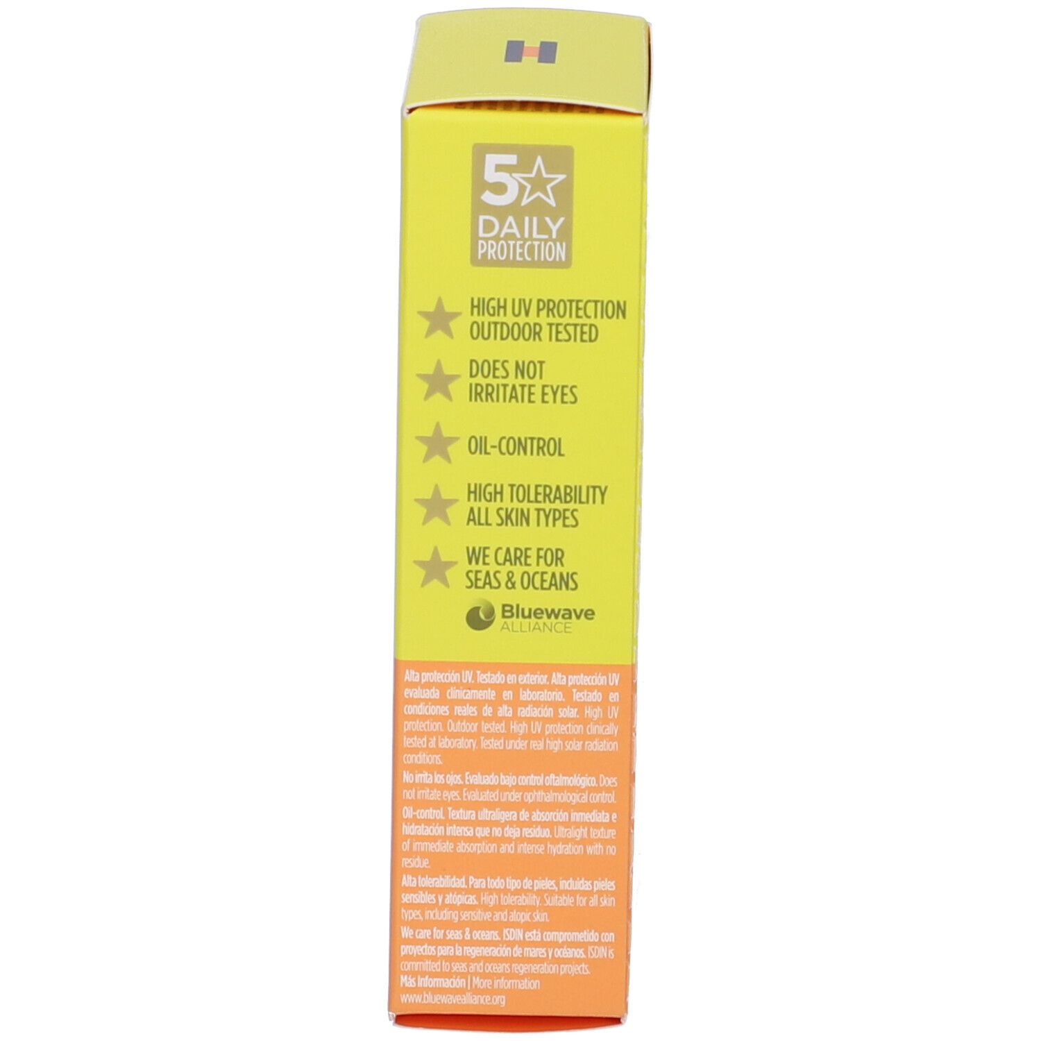 Lato della confezione in cartone. Testo: 5 stelle Daily Protection. Loghi. Testo sulla protezione marina.