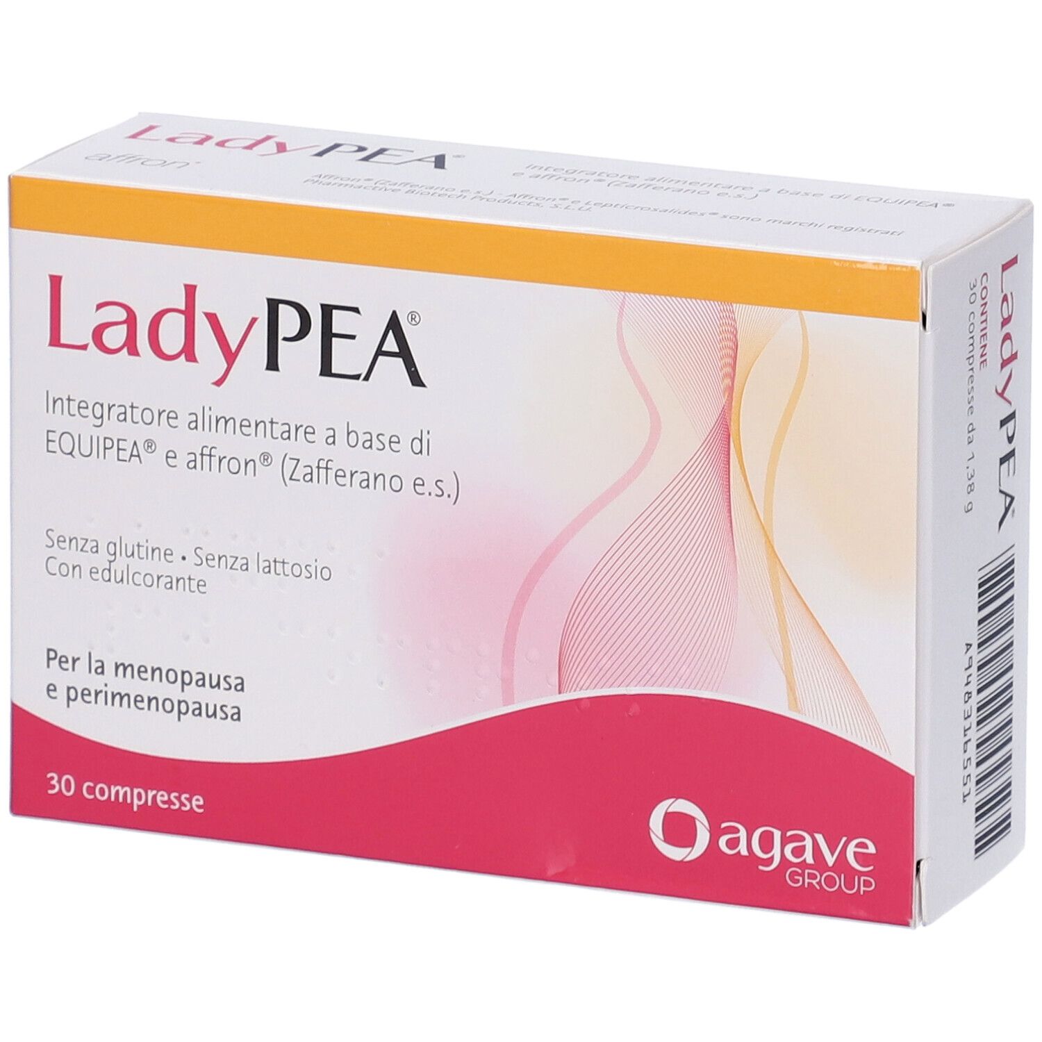 Verpackung von Ladypea 30 Tabletten. Weiß, rosa und gelb. Text: LadyPEA, 30 Tabletten, Agave Group.