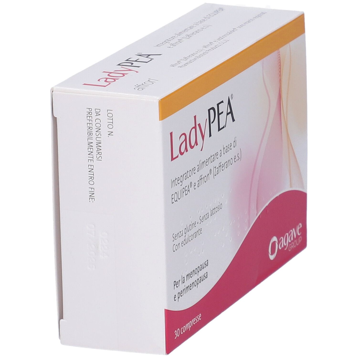 Schrägansicht der Ladypea-Verpackung. Weiß, rosa und gelb. Text: LadyPEA, Agave Group, 30 compresse.
